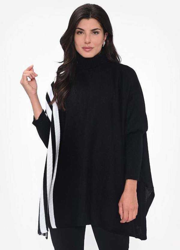 Pink Tricot - Blusa Capa Poncho Pink Tricot Estampa Gola Alta Listras Feminino Preto