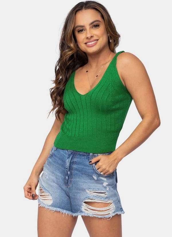 Pink Tricot - Blusa Cropped de Tricô Canelado Decote V Pink Tricot Feminino Verde