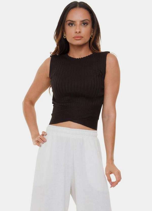 Pink Tricot - Blusa Cropped de Tricô Pink Tricot Amarração na Cintura Feminino Preto