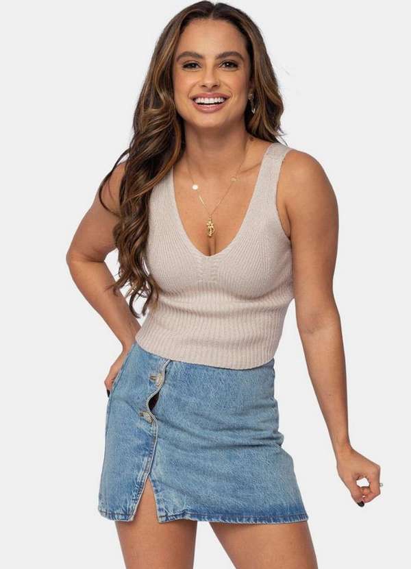 Pink Tricot - Blusa Cropped Regata de Tricô Modal Canelado Pink Tricot Feminino Bege