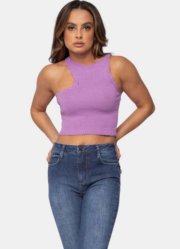 Pink Tricot - Blusa Cropped Tricô Modal e Recorte no Ombro Pink Tricot Feminino Lilás