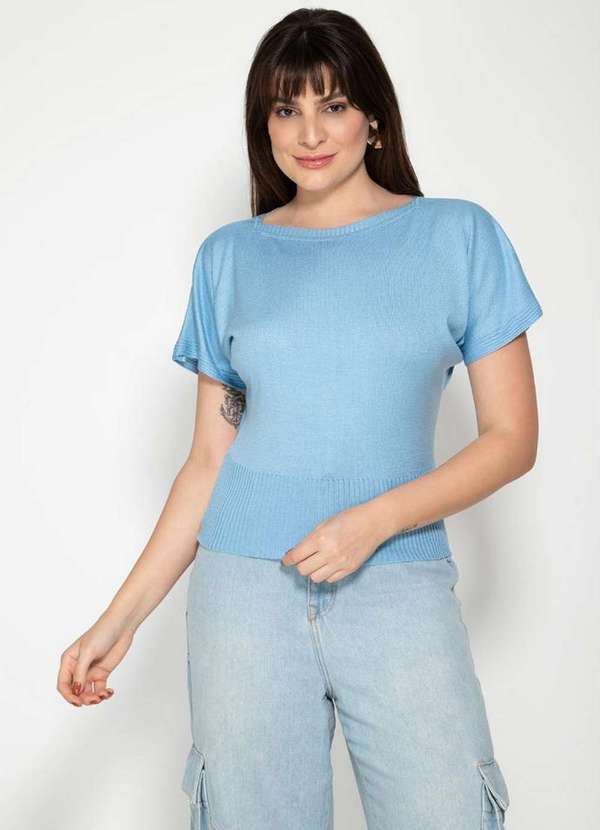 Pink Tricot - Blusa de Tricô Liso Manga Curta Morcego Pink Tricot Feminina Azul Claro