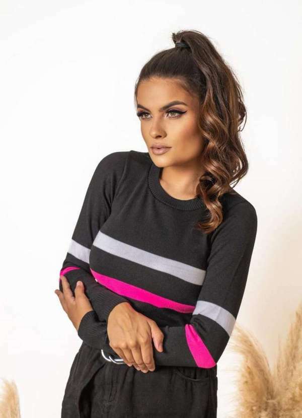 Pink Tricot - Blusa de Tricô Listras Pink Tricot Manga Longa Feminina Preto