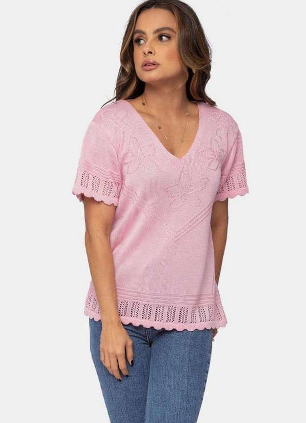 Pink Tricot - Blusa Manga Curta de Tricô Decote V Flores Pink Tricot Feminina Rosa