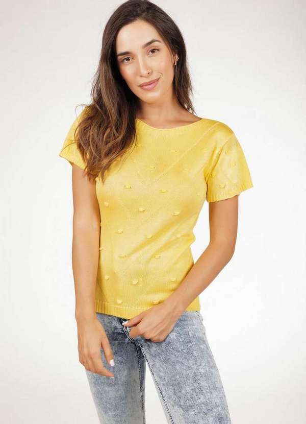 Pink Tricot - Blusa Manga Curta de Tricô Ponto Pérola Pink Tricot Feminino Amarelo