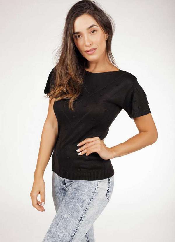 Pink Tricot - Blusa Manga Curta de Tricô Ponto Pérola Pink Tricot Feminino Preto