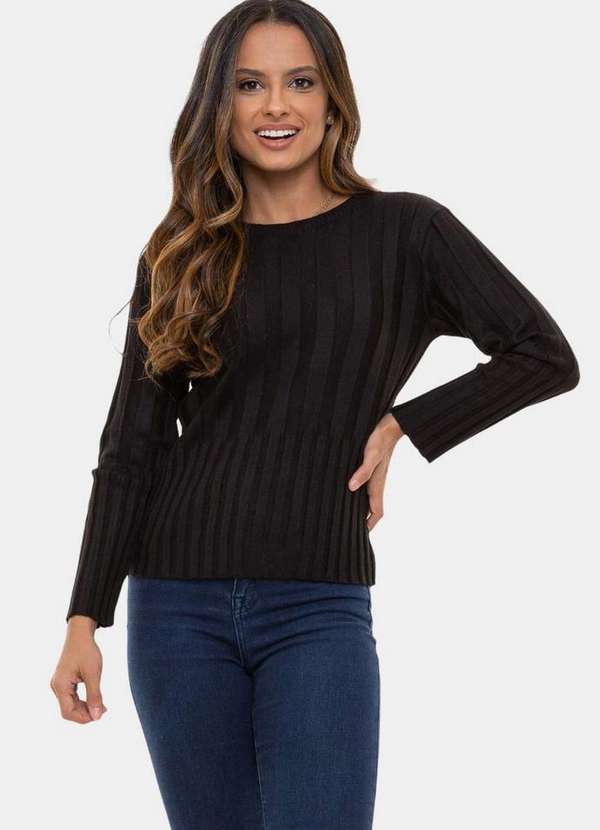 Pink Tricot - Blusa Manga Longa de Tricô Canelado Modal Pink Tricot Feminina Preto