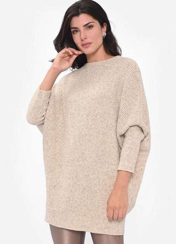 Pink Tricot - Blusa Maxi Pull Pink Tricot Oversized Manga Morcego Feminino Bege 2