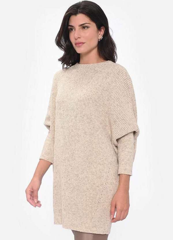 Pink Tricot - Blusa Maxi Pull Pink Tricot Oversized Manga Morcego Feminino Bege 5