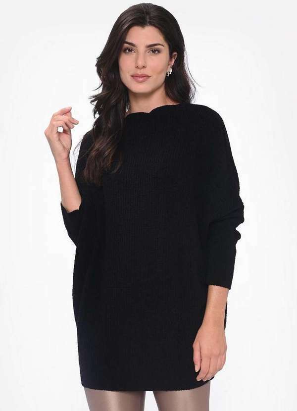 Pink Tricot - Blusa Maxi Pull Pink Tricot Oversized Manga Morcego Feminino Preto
