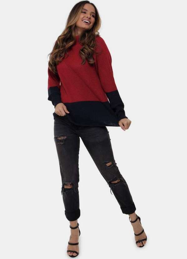 Pink Tricot - Blusa Pink Tricot de Tricô Fang Bicolor Gola Redonda Feminina Vermelho+Azul