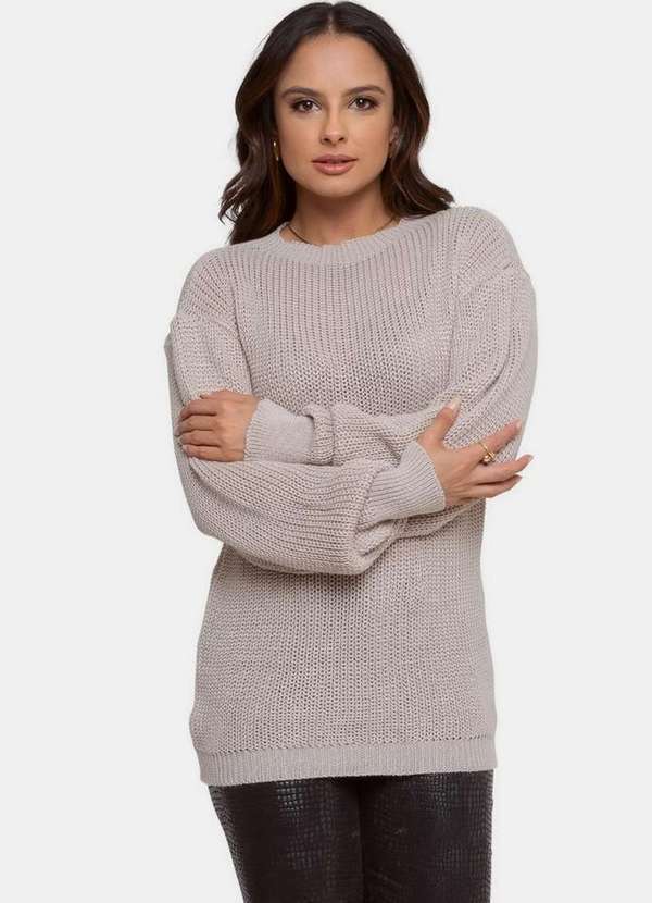 Pink Tricot - Blusa Pullover de Tricô Fang Manga Balonê Pink Tricot Feminino Bege