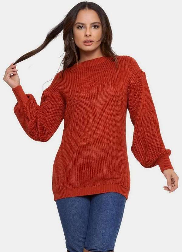 Pink Tricot - Blusa Pullover de Tricô Fang Manga Balonê Pink Tricot Feminino Ferrugem
