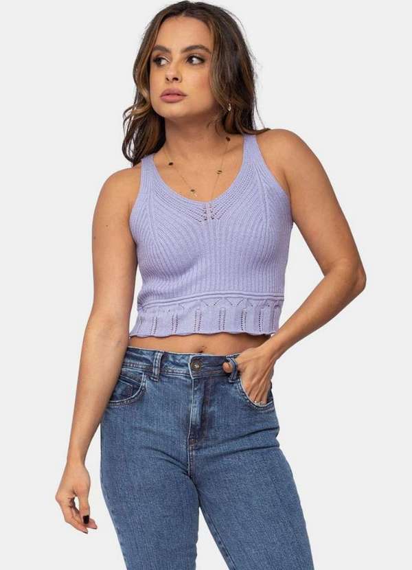 Pink Tricot - Blusa Regata Alça em Tricô Babado na Cintura Pink Tricot Feminino Lilás