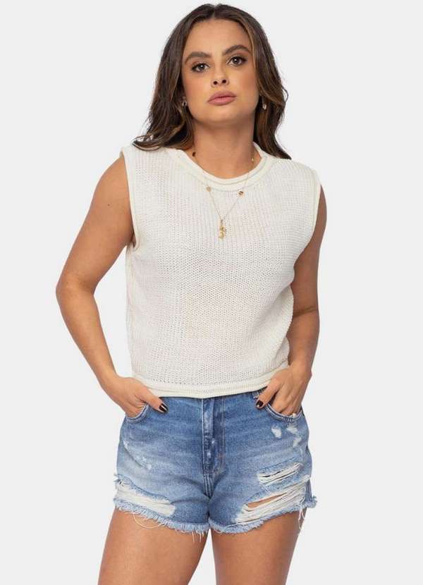 Pink Tricot - Blusa Regata Muscle Tee de Tricô Malha Fang Pink Tricot Feminina Off White