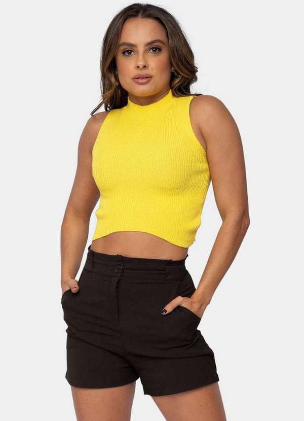 Pink Tricot - Blusa Regata Tricô Decote Invertido Cintura Pink Tricot Feminino Amarelo