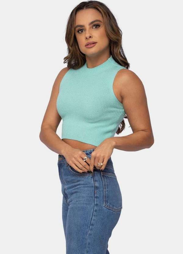 Pink Tricot - Blusa Regata Tricô Decote Invertido Cintura Pink Tricot Feminino Azul Claro