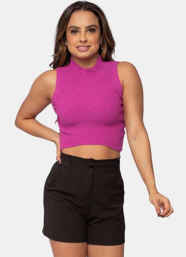 Pink Tricot - Blusa Regata Tricô Decote Invertido Cintura Pink Tricot Feminino Violeta