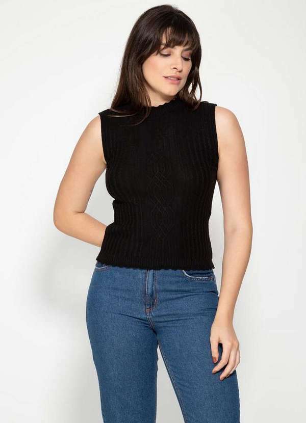 Pink Tricot - Blusa Regata Tricô Modal com Trança no Meio Pink Tricot Feminina Preto