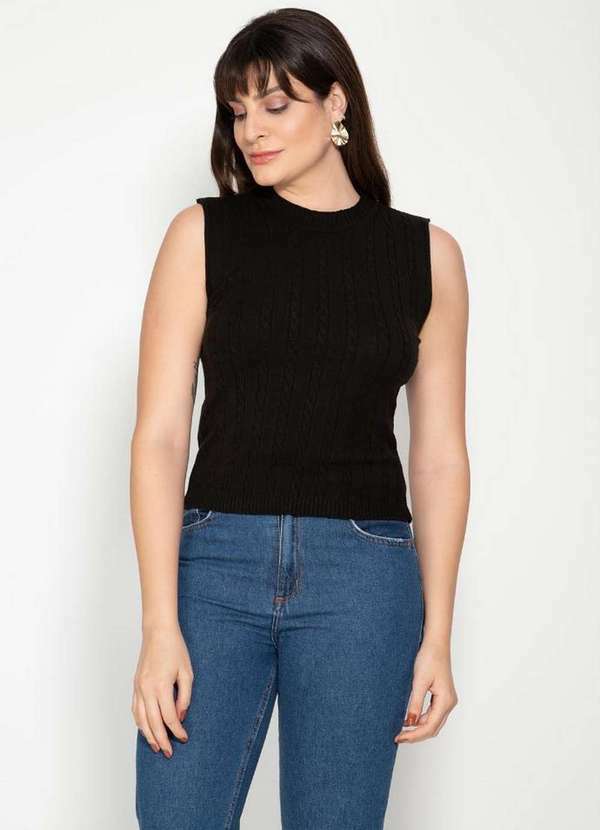 Pink Tricot - Blusa Regata Tricot Trançado Decote Redondo Pink Tricô Feminina Preto