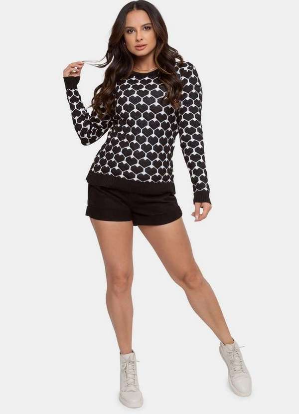 Pink Tricot - Blusa Sueter de Tricô Pink Tricot Estampa de Coração 3d Feminina Preto/Branco