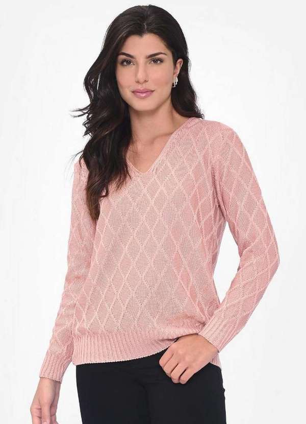 Pink Tricot - Blusa Trançada Decote nas Costas Pink Tricot Feminino Manga Longa Rosa