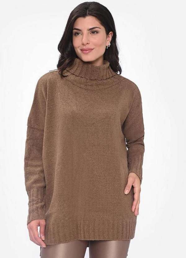 Pink Tricot - Maxi Pull Poncho Gola Alta Pink Tricot Mousse Feminino Inverno Marrom
