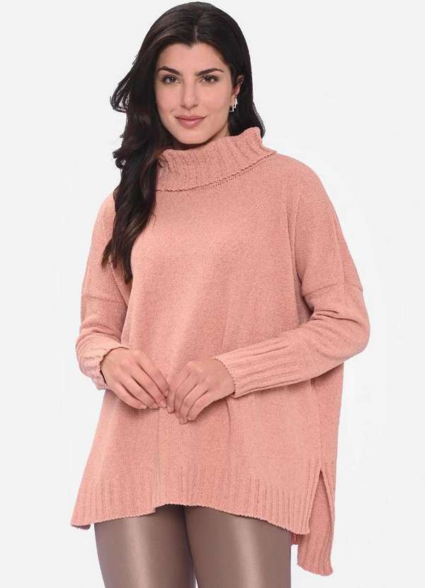 Pink Tricot - Maxi Pull Poncho Gola Alta Pink Tricot Mousse Feminino Inverno Nude