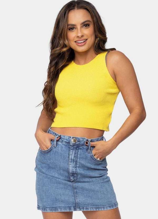 Pink Tricot - Tricô Blusa Cropped Pink Tricot Modal e Decote Redondo Feminino Amarelo