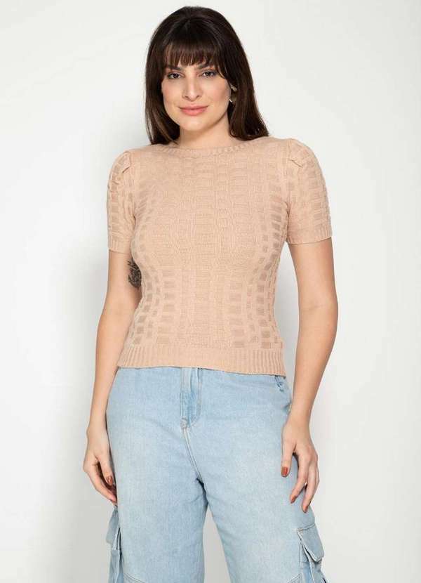 Pink Tricot - Tricô Blusa Manga Curta Decote Redondo Pink Tricô Modal Feminina Nude