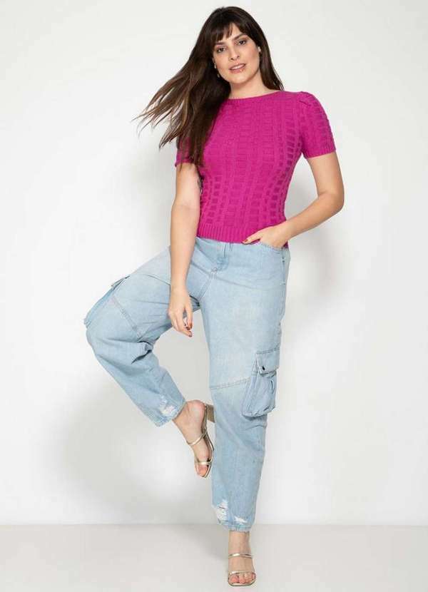Pink Tricot - Tricô Blusa Manga Curta Decote Redondo Pink Tricô Modal Feminina Violeta