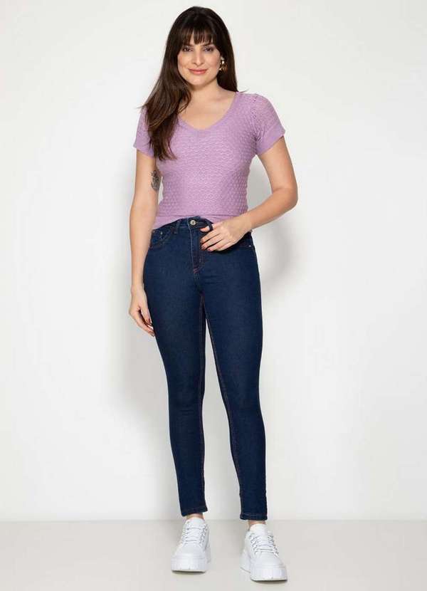 Pink Tricot - Tricô Blusa Manga Curta Decote V Pink Tricot Rendada Feminina Lilás