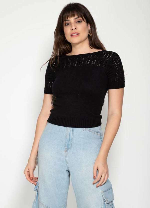 Pink Tricot - Tricô Blusa Manga Curta Pink Tricot Luxo Detalhe Ombro Feminina Preto