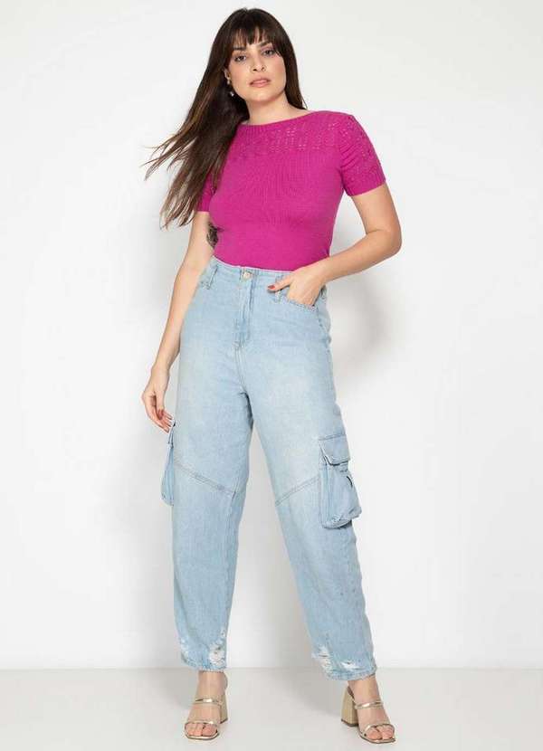 Pink Tricot - Tricô Blusa Manga Curta Pink Tricot Luxo Detalhe Ombro Feminina Violeta