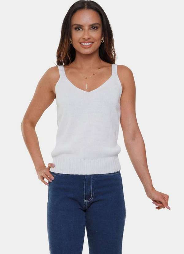 Pink Tricot - Tricô Blusa Regata Pink Tricot Linha Ponto Fang e Alças Feminino Branco