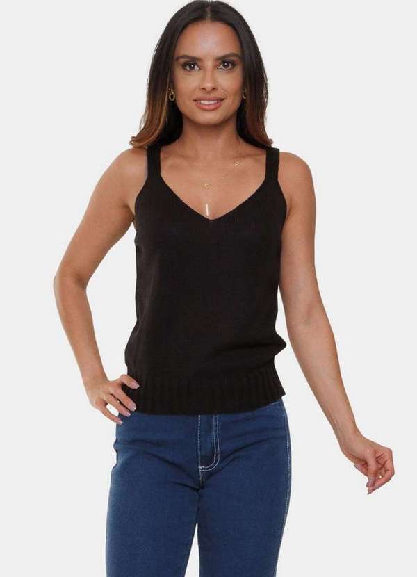 Pink Tricot - Tricô Blusa Regata Pink Tricot Linha Ponto Fang e Alças Feminino Preto