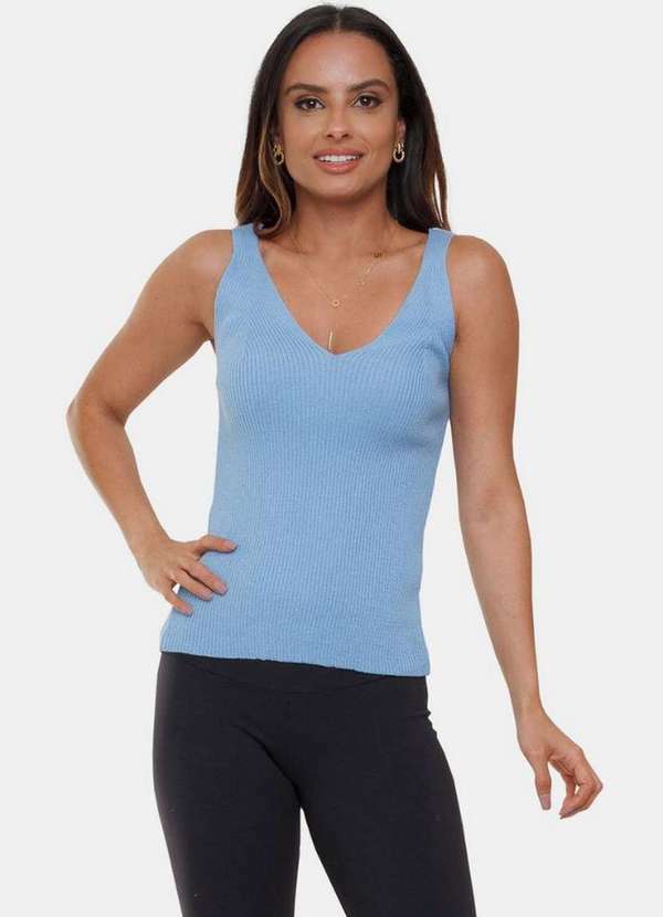 Pink Tricot - Tricô Blusa Regata Pink Tricot Modal Canelada e Alças Feminino Azul Claro