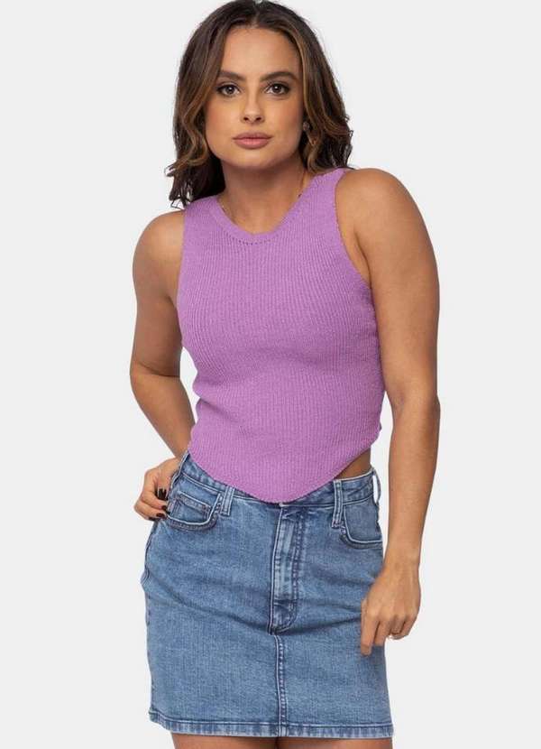 Pink Tricot - Tricô Blusa Regata Pink Tricot Modal Canelado de Bico Feminino Lilás