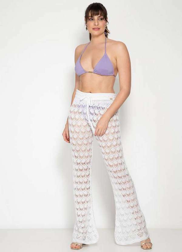 Pink Tricot - Calça de Tricô Rendada Flare Moda Praia Pink Tricot Feminina Branco
