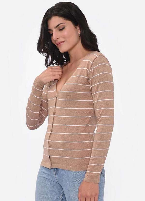 Pink Tricot - Cardigan Casaco Pink Tricot Modal Listrado Feminino Moda Inverno Caqui