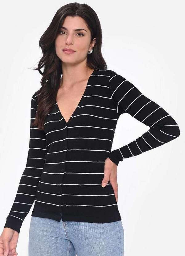 Pink Tricot - Cardigan Casaco Pink Tricot Modal Listrado Feminino Moda Inverno Preto