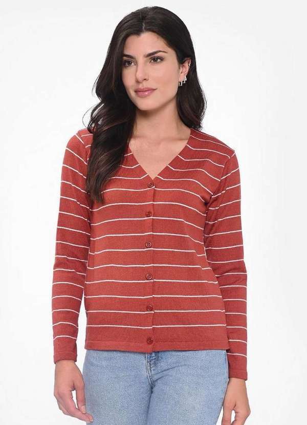 Pink Tricot - Cardigan Casaco Pink Tricot Modal Listrado Feminino Moda Inverno Telha