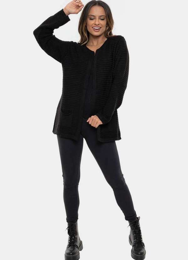 Pink Tricot - Casaco Cardigan de Tricô Fang e Bolsos Liso Pink Tricot Feminino Preto