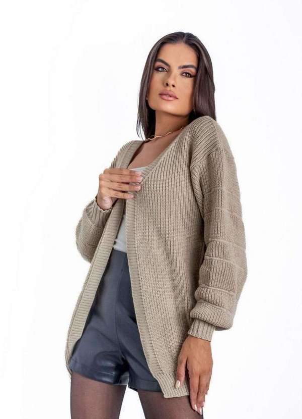 Pink Tricot - Casaco Cardigan Feminino Pink Tricot Oversized Manga Bufante Bege