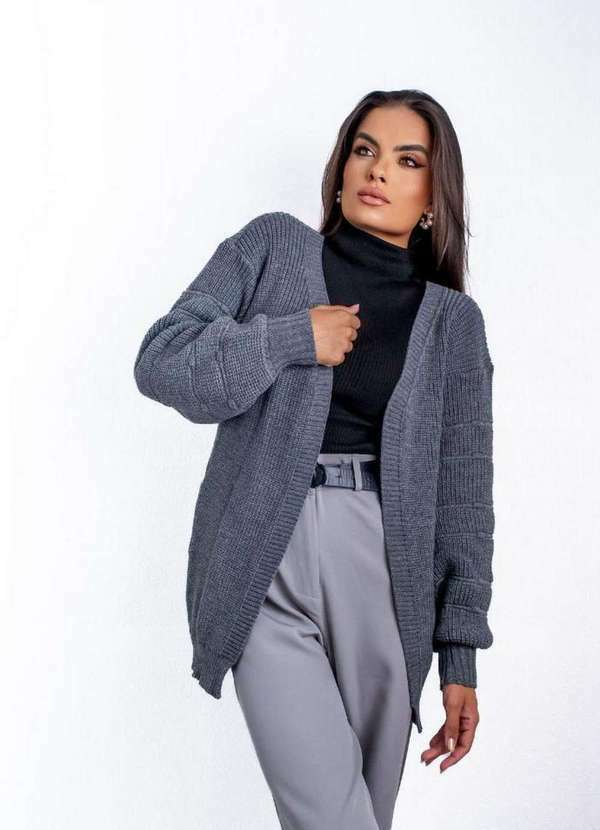 Pink Tricot - Casaco Cardigan Feminino Pink Tricot Oversized Manga Bufante Grafite