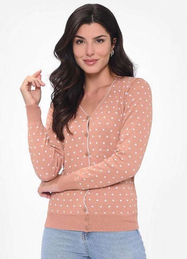 Pink Tricot - Casaco Cardigan Pink Tricot Modal Estampado Poá Feminino de Frio Nude/Branco