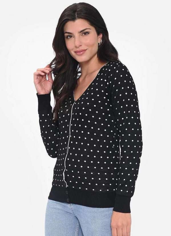 Pink Tricot - Casaco Cardigan Pink Tricot Modal Estampado Poá Feminino de Frio Preto/Branco