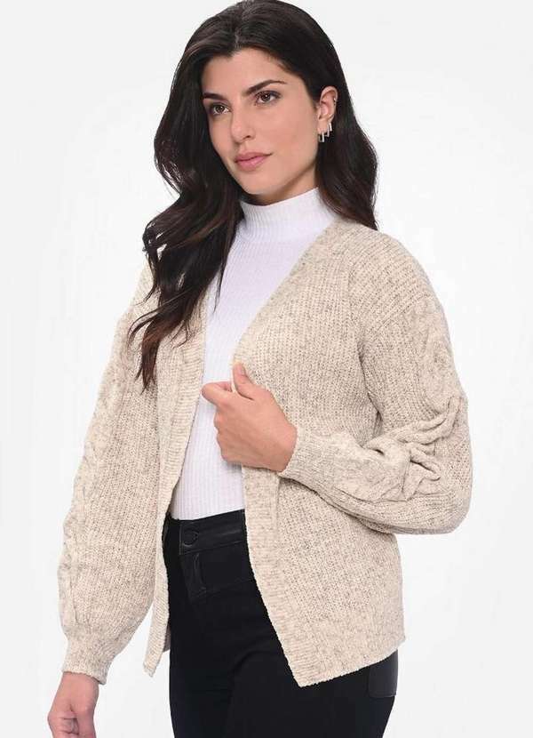 Pink Tricot - Casaco Cardigan Pink Tricot Mousse Manga Longa Feminino Inverno Bege