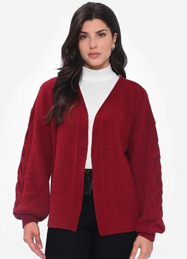 Pink Tricot - Casaco Cardigan Pink Tricot Mousse Manga Longa Feminino Inverno Vermelho