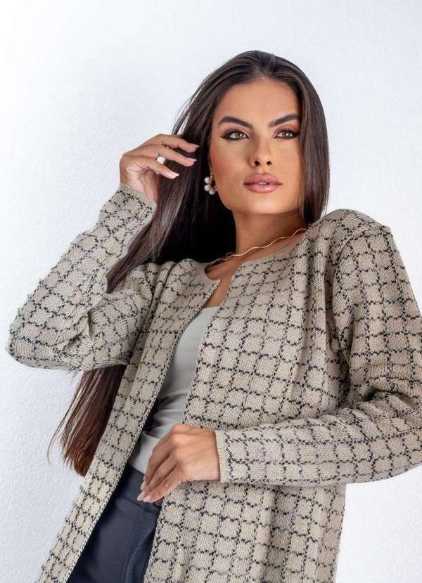 Pink Tricot - Casaco Cardigan Tweed Pink Tricot Mescla Geométrica Feminino Bege/Preto